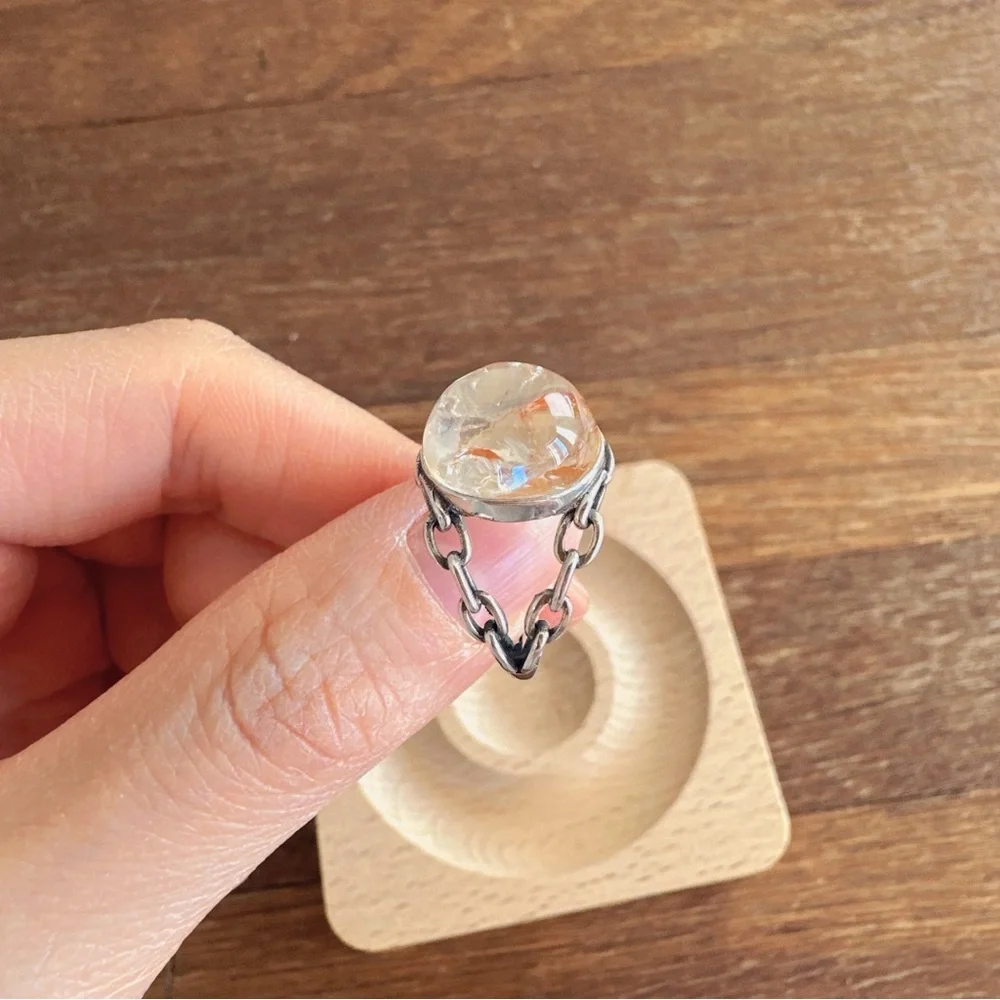 Handmade Natural Crystal Ring 925 Silver Chain Band Orange Inclusion Quartz
